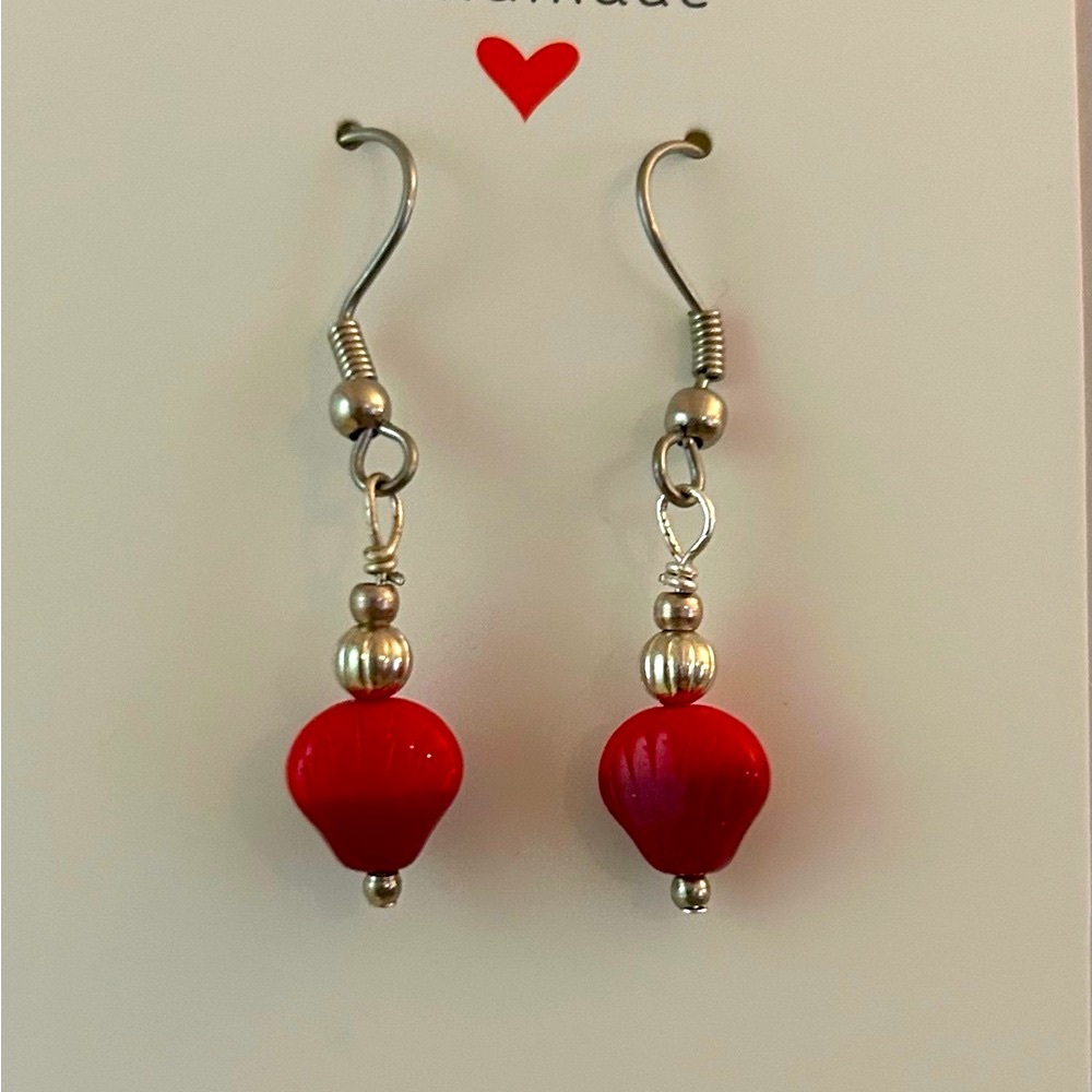 Shell dangle earrings- two toned red shell bead, offset by silver accents. - Picture 2 of 4